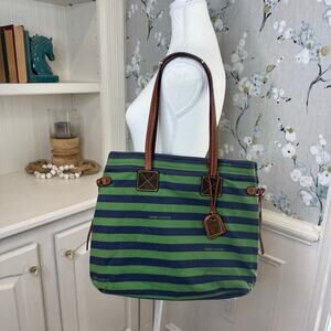 Dooney and Bourke Green and Blue Striped Canvas Tote Handbag